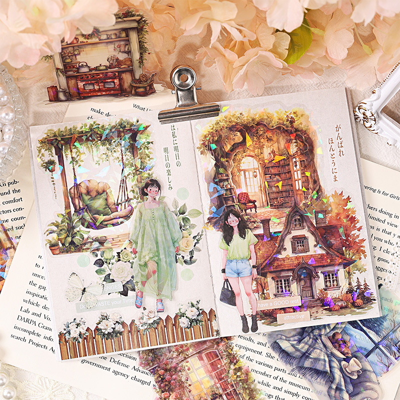 Paquete de pegatinas de mascotas transparentes a prueba de agua secreta DIY pastoral conchas materiales de paisaje láser de mano pegatinas de papelería