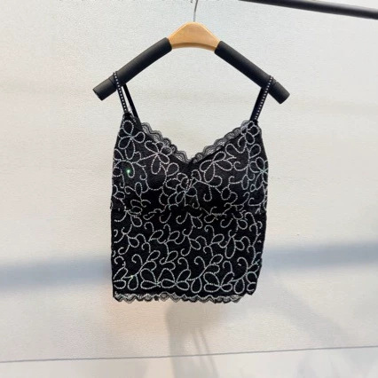 The Same Style French Lace Thick Camisole for Women with Rhinestones, Suitable for Layering or Wearing Alone, with Built-In Bra Pads and a Beautiful Back Design The Same Style French Lace Thick Camisole for Women with Rhinestones, Suitable for Layering or Wearing Alone, with Built-In Bra Pads and a Beautiful Back Design