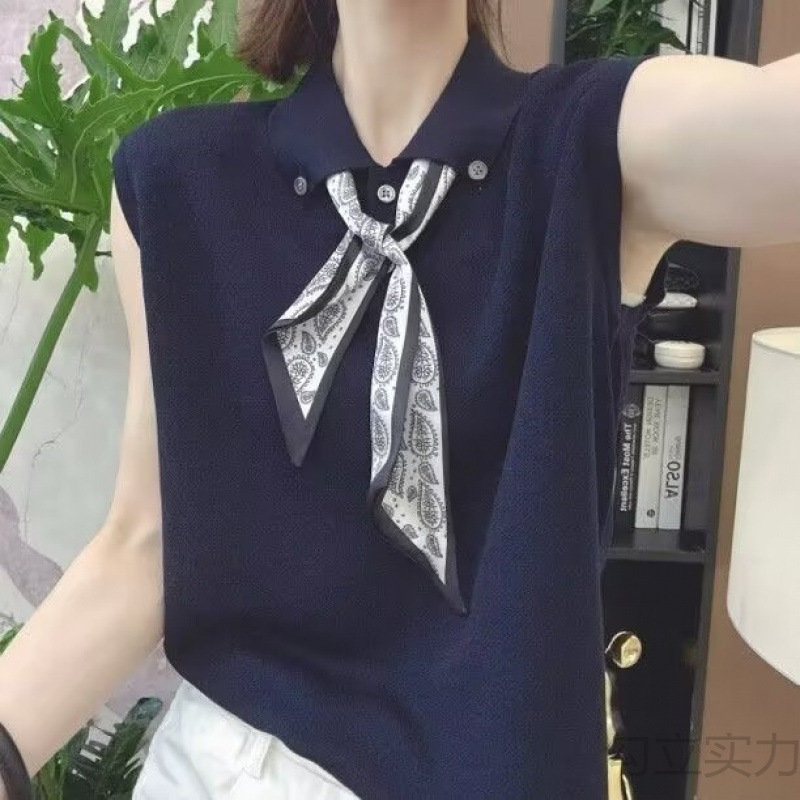 新款韩版百搭修身显瘦Polo领T恤女时尚翻领丝巾针织无袖背心上衣|undefined