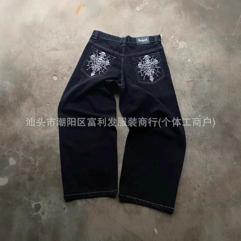 New Trendy American Style Harajuku Style Skull Embroidered Vintage Washed Straight Denim Trousers Men's Trendy Loose Pants New Trendy American Style Harajuku Style Skull Embroidered Vintage Washed Straight Denim Trousers Men's Trendy Loose Pants
