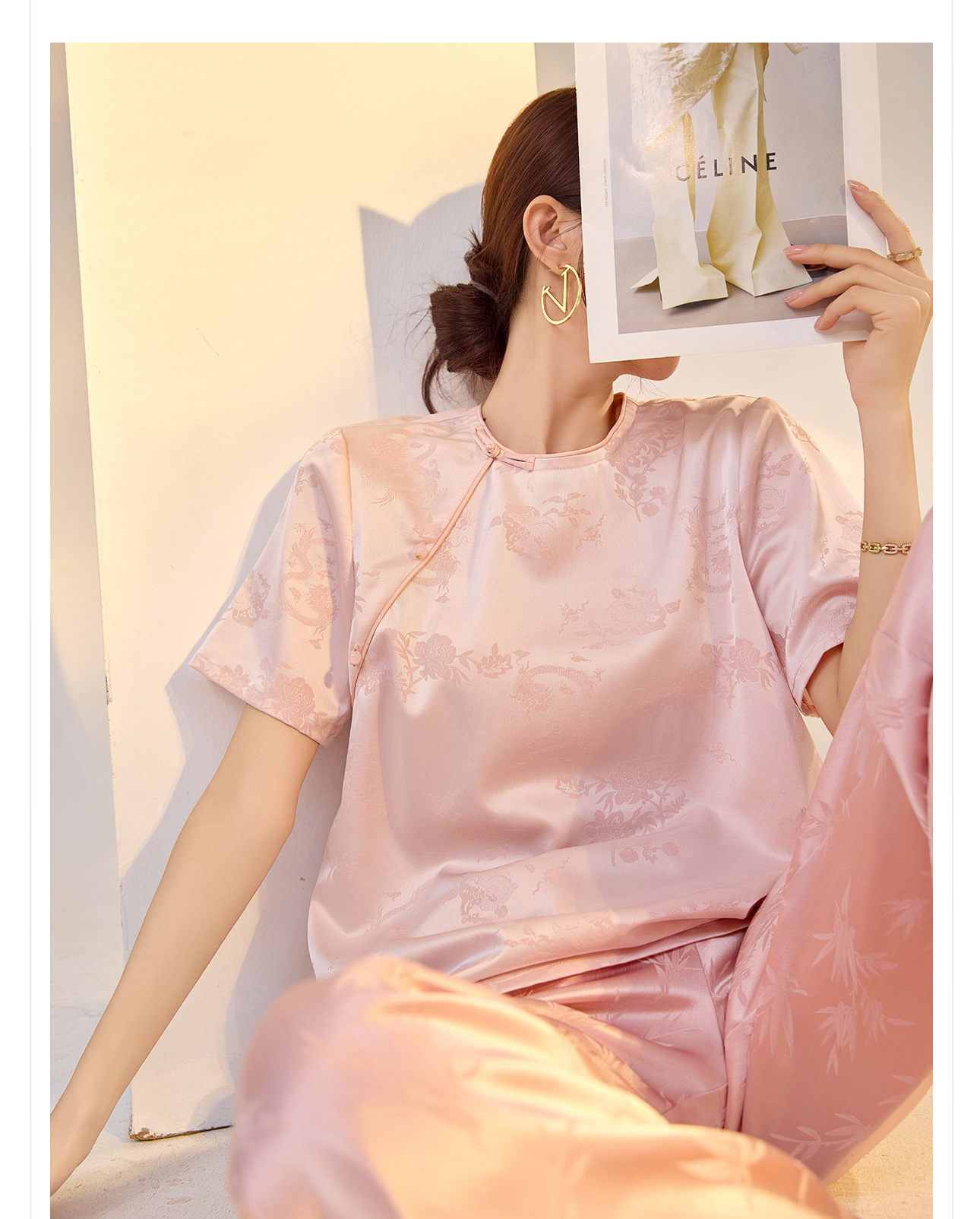 Áo thun nữ tay ngắn lụa tơ tằm jacquard trơn thiết kế đơn giản ZX M400 — Màu trắng chi tiết 18