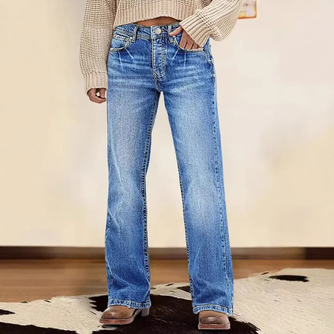 Jeans de Pierna Ancha para Mujer de Mezclilla de Algodón, Tiro Alto, Corte Relajado, Microelástico, para Uso Diario image 3