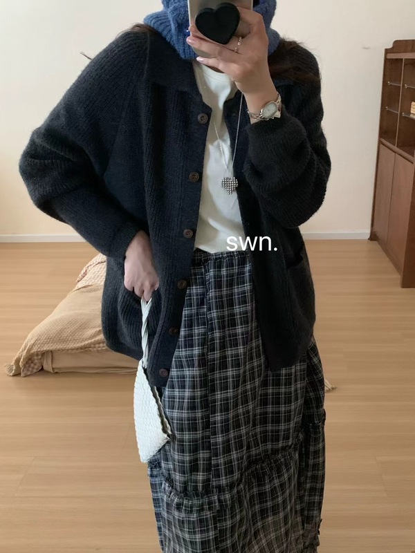 韩系上衣软糯翻领单排扣针织开衫女秋冬新款宽松加厚口袋毛衣外套|undefined