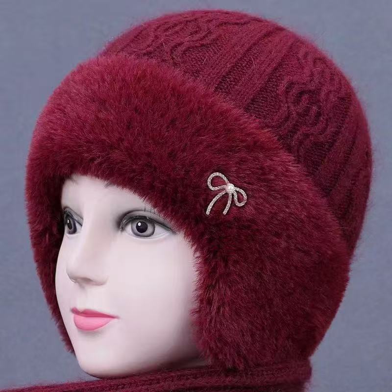 中老年人帽子护耳保暖秋冬兔毛针织帽防风加绒女士妈妈防寒毛线帽