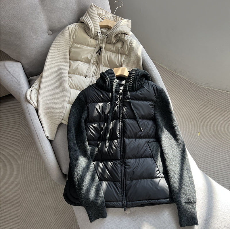 High-End Goose down Knitted Sleeve Patchwork down Jacket for Women, Short Style, Thickened, Hooded, Korean Style Sweater Coat, Pinghu High-End Goose down Knitted Sleeve Patchwork down Jacket for Women, Short Style, Thickened, Hooded, Korean Style Sweater Coat, Pinghu