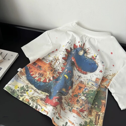 Children's Summer Casual Round Neck Digital Printing Dinosaur Short Sleeve T-Shirt for Boys Fashion Outerwear Cotton Top