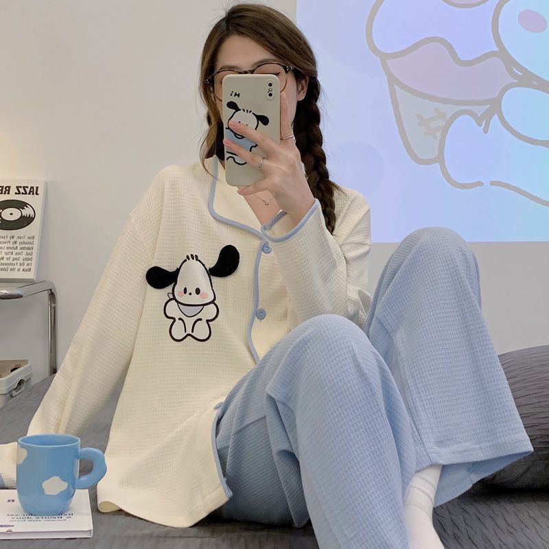 Al por mayor transfronterizo primavera y otoño nuevo cuello en V monje cuello de algodón leche cardigans pijamas de manga larga ropa doméstica de dibujos animados de mujer
