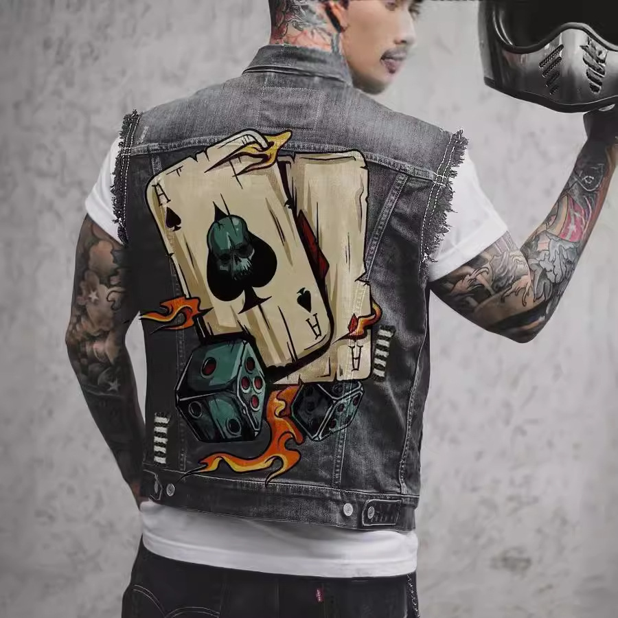 Straight men's motorcycle denim vest with seasonal flip collar tassels, vintage new style_voghion.com