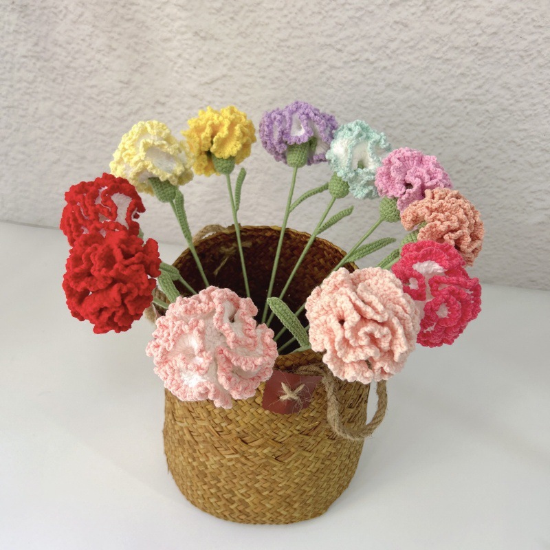 成品双色纯色色康乃馨花朵手工钩针编织38节母亲节送礼毛线花束
