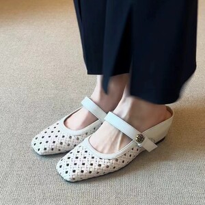 牛皮版气质百搭编织包头半拖鞋女外穿夏新款平底简约镂空凉拖凉鞋