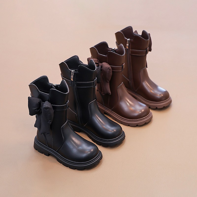 Girls' Martin Boots 2025 Autumn/Winter New Fashionable Children's Mid-Calf High-Calf Princess Martin Leather Boots with Fleece for Warmth