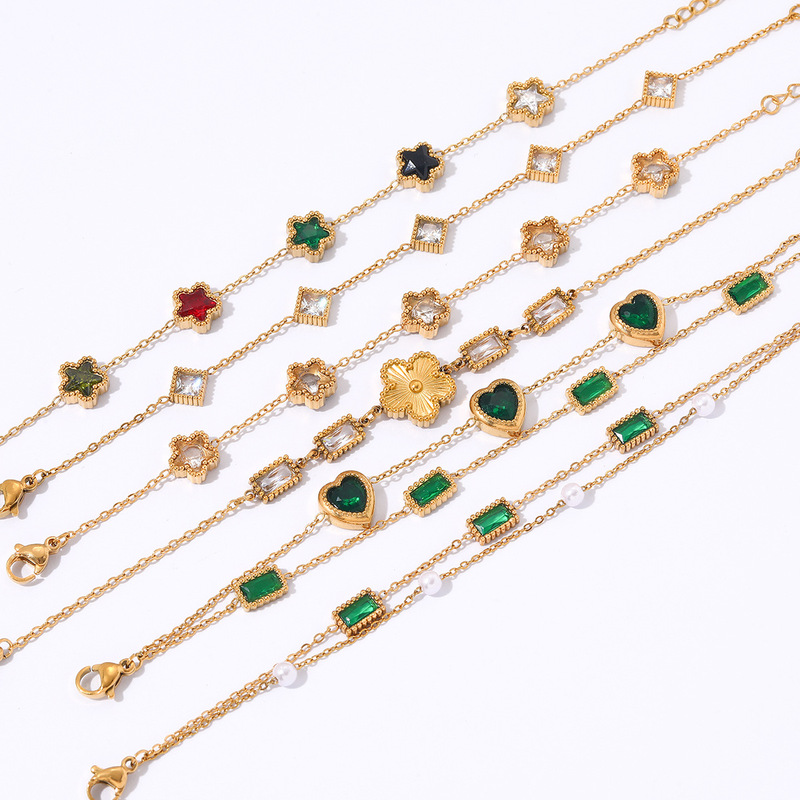 European and American New Style Stainless Steel Bracelet with Fresh Design, Multi-Color Diamond-Encrusted Heart, Geometric Four-Leaf Clover Hand Jewelry, Cross-Border Jewelry for Women European and American New Style Stainless Steel Bracelet with Fresh Design, Multi-Color Diamond-Encrusted Heart, Geometric Four-Leaf Clover Hand Jewelry, Cross-Border Jewelry for Women