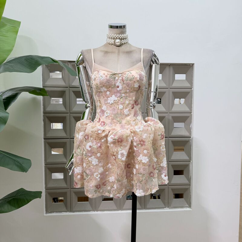 Amazon's Stunningly Designed and Unique Slim-Fitting French-Style Cocktail Dress with Heavy Embroidery and Floral Straps for Summer