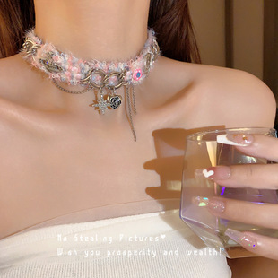 Pink heavy industry choker necklace female Net Red personality sweet cool clavicle chain niche design sense autumn and winter necklace accessories