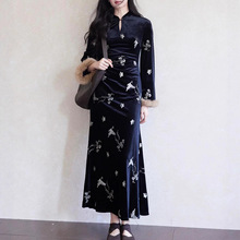 贰羊设计【慕汐】复古重工刺绣黑色旗袍裙新中式国风丝绒连衣裙子