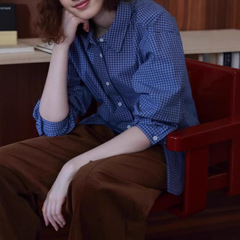 Iu系 '格クラシックフレンチレトロ2色ブルーチェック柄シンプル早秋長袖シャツ