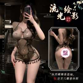 女情性趣衣服国风烫金仙鹤睡裙性感吊带透视情趣内衣诱惑露背肚兜