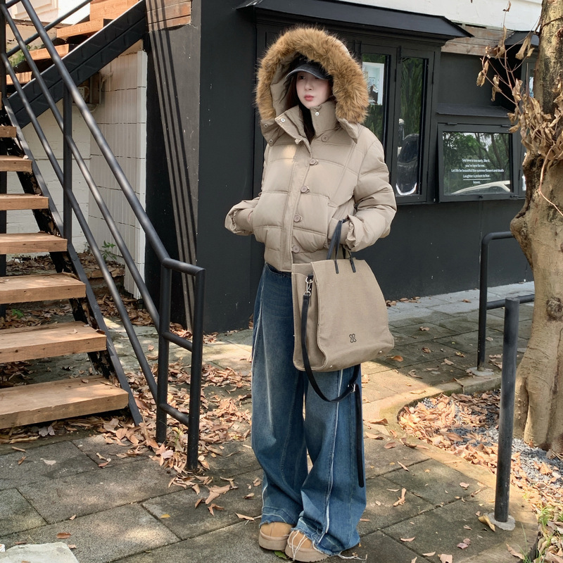 冬季百搭藏青色连帽毛领短款棉衣棉袄女新款保暖加厚羽绒棉服外套|undefined
