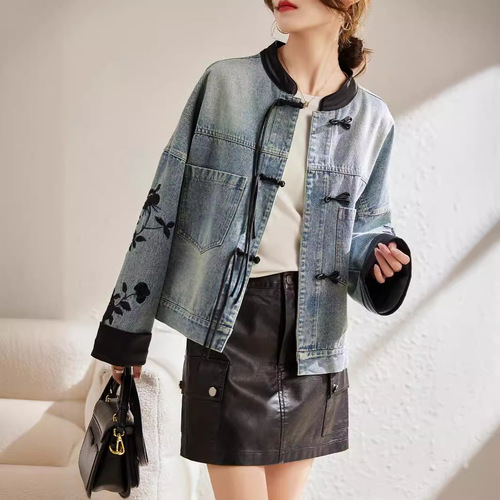 New Chinese style denim jacket for women spring and autumn 2024 new European style loose fashion design foreign style national style top