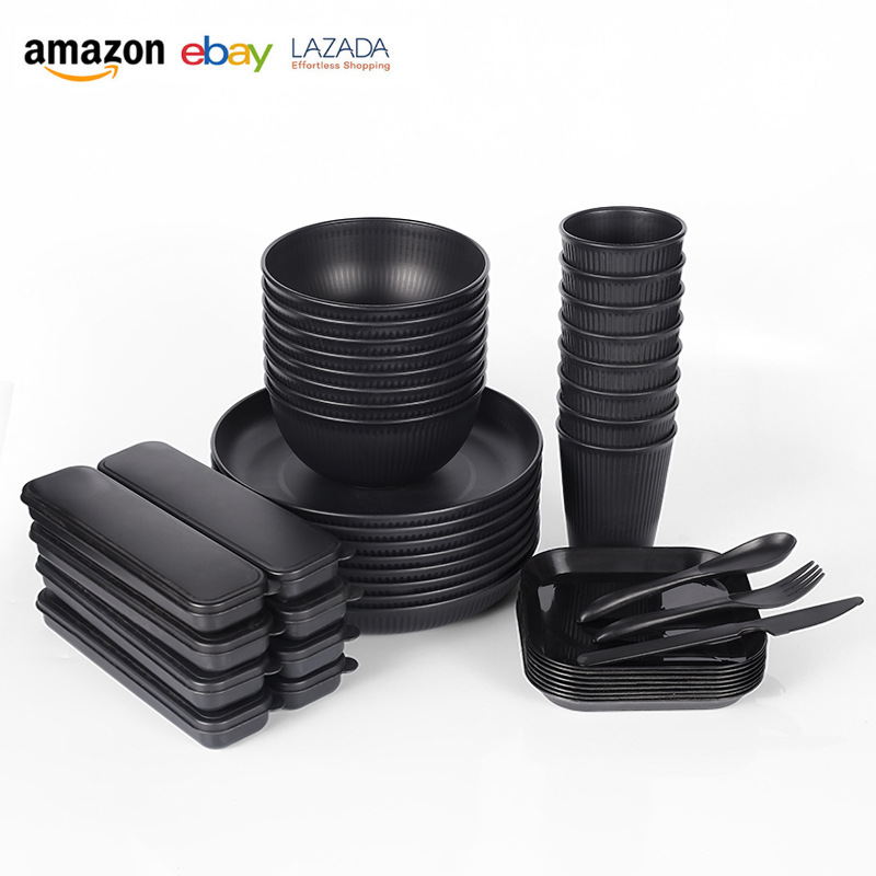 Amazon Wheat Straw Tableware Vertical Grain Black Plate Bowl Cup Knife Fork Spoon Chopsticks 36-Piece Set Dinner Plate Gift Set