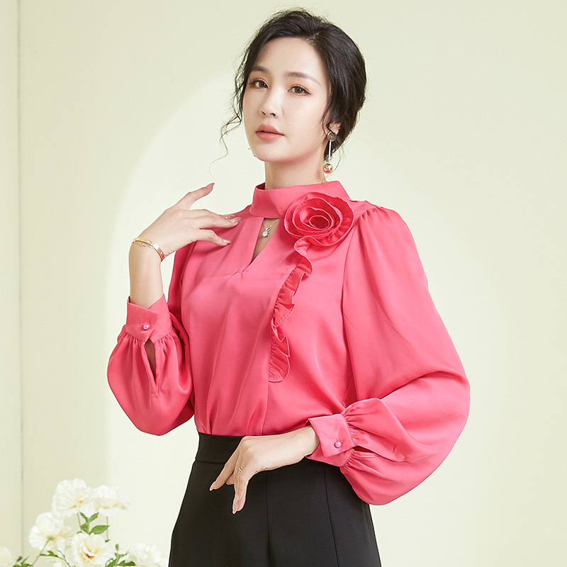 2025 Autumn New Women's Stand Collar Hollow Design Floral Embellished Solid Color Non-Stretch Elegant Pullover Shirt for Women