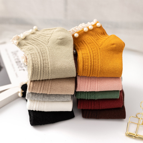 Spring and summer new women's socks, pearl lace boat socks, solid color cotton socks, simple and versatile, manufacturer wholesale