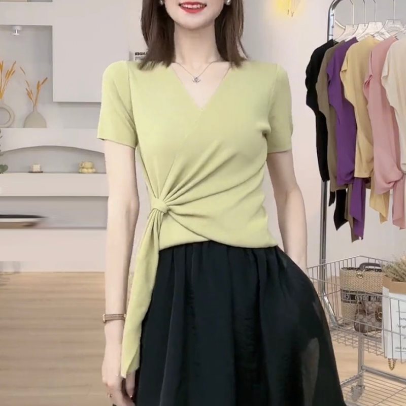 無地ストラップ不規則半袖TシャツスリムフィットニットVネックアイスシルク気質カジュアルトップ|undefined