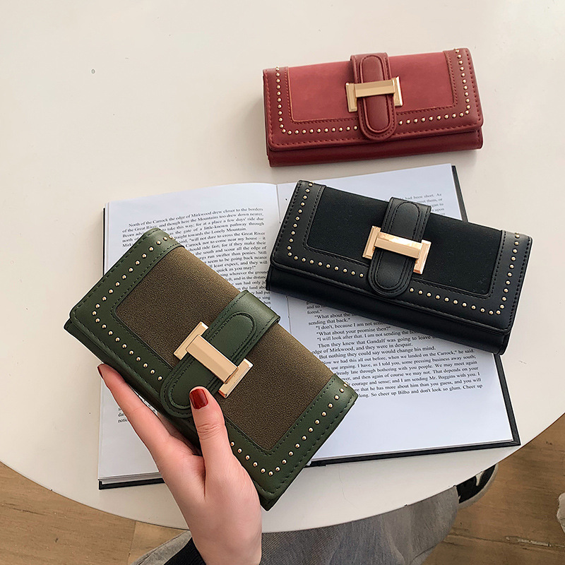 2025 Spring New Korean Style Fashion 70% off Matte Long Wallet with I-Shaped Buckle, Women's Wallet with Rivet Decoration