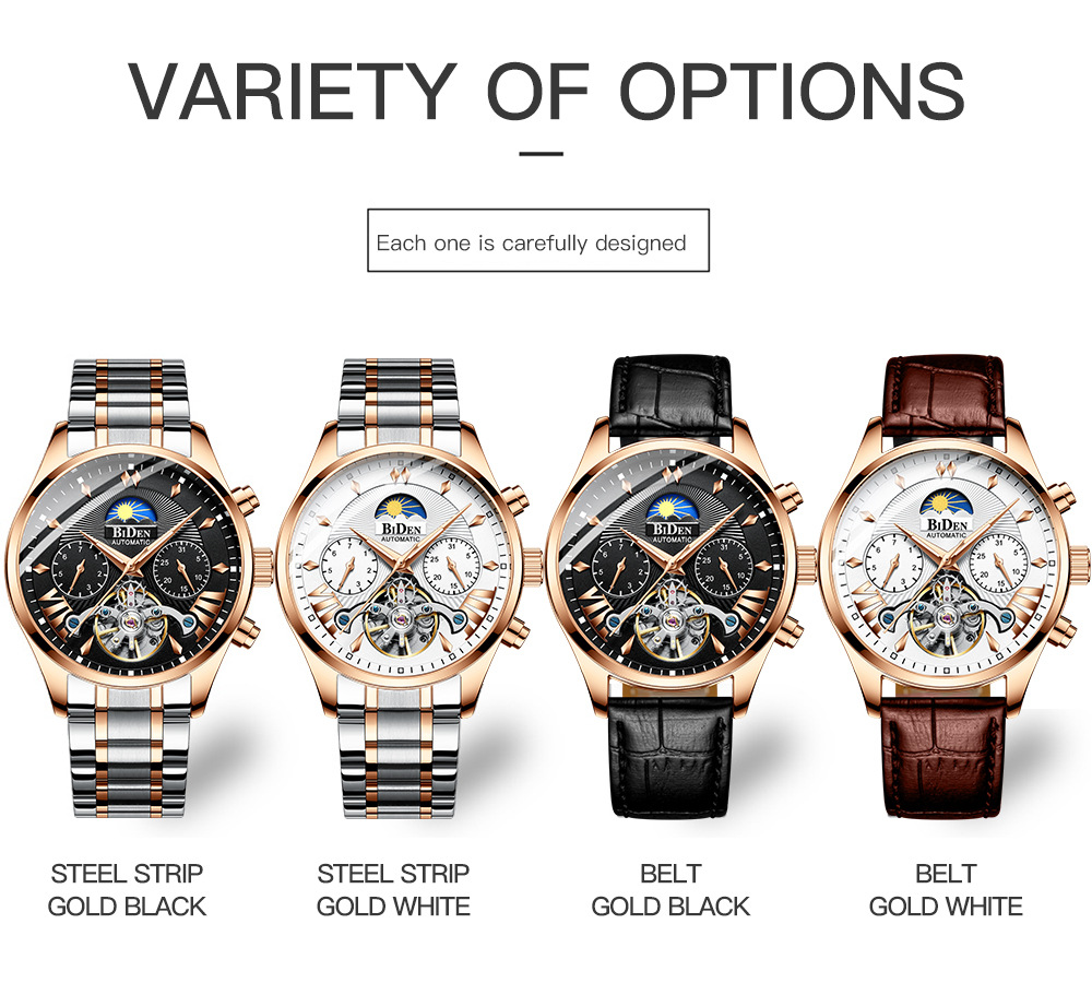 Biden Men's Mechanical Watch Multifunctional Sun Moon Star Luminous_voghion.com