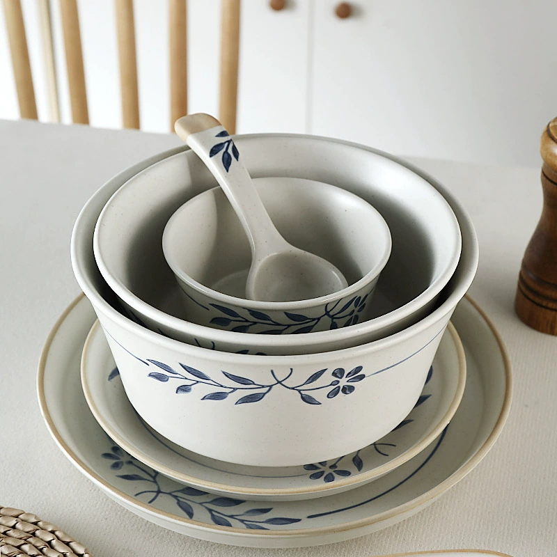 Blue leaf ceramic tableware Japanese retro simple rice bowl dinner plate household dishes stoneware dish plate shallow plate double-eared soup bowl