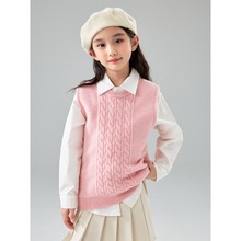 外贸秋冬新款纯色套头羊毛针织马夹男童背心女童麻花打底针织毛衣