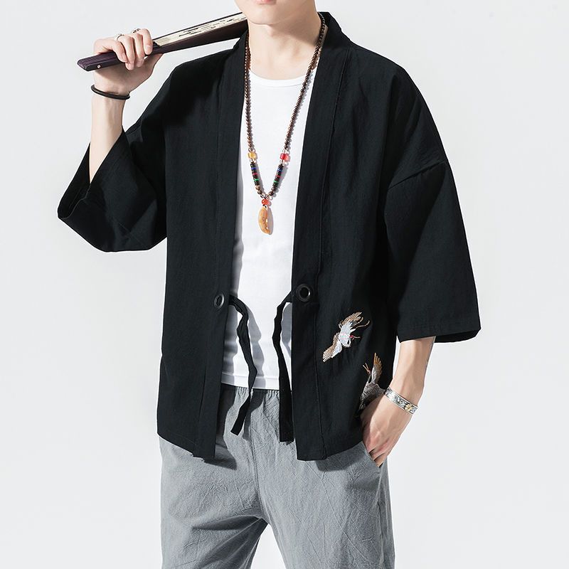 Verano estilo chino pluma tejida túnica Hanfu hombres cárdigan algodón y lino kimono japonés lino camisa de manga tres cuartos
