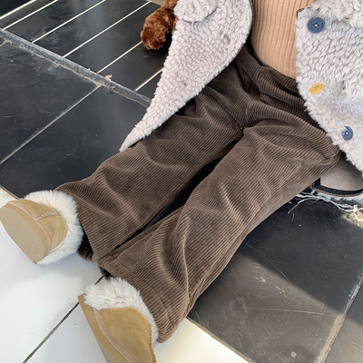 Boy pants 2022 Autumn and winter Korean new pattern girl Plush Corduroy pants Supple keep warm Female baby one Bell-bottoms