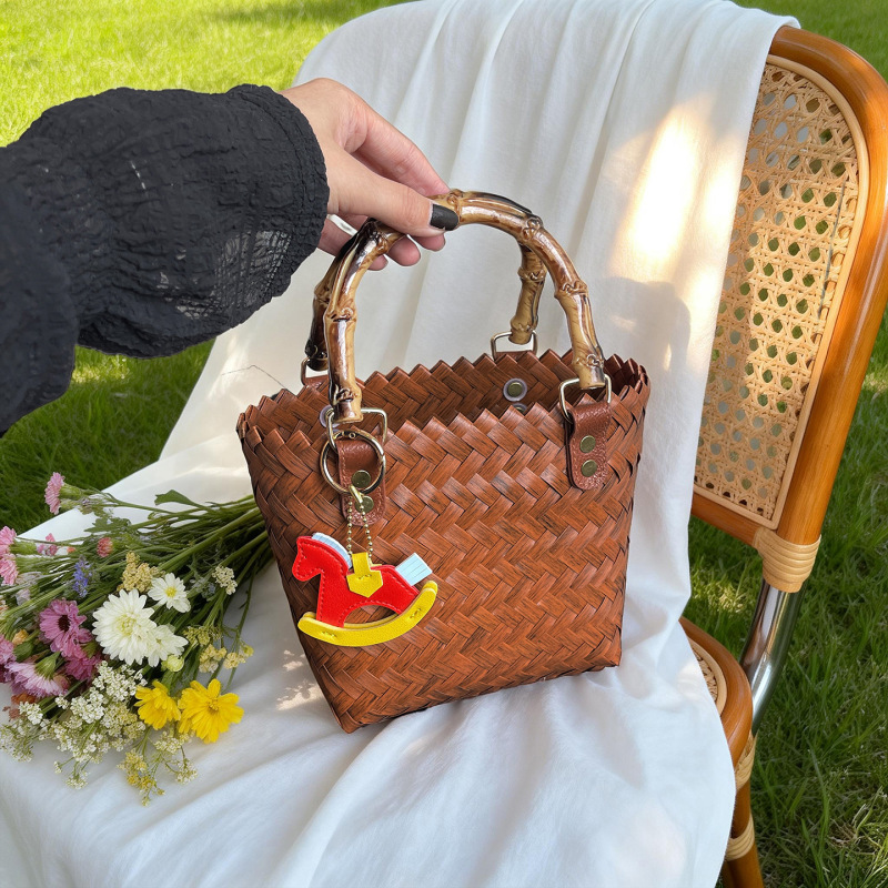 Large-Capacity Imitation Rattan Straw Woven Bag, Hand-Woven Rattan Tote Bag, Bamboo Picnic Bag for Women, Gift Basket Bag