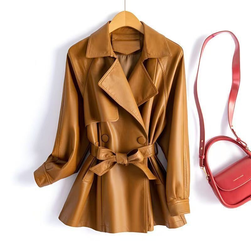 Low-Priced Spring and Autumn Haining Suit Collar Leather Jacket with Tie, Waist-Cinching, Slimming, Korean Style, British Trench Coat for Women Low-Priced Spring and Autumn Haining Suit Collar Leather Jacket with Tie, Waist-Cinching, Slimming, Korean Style, British Trench Coat for Women
