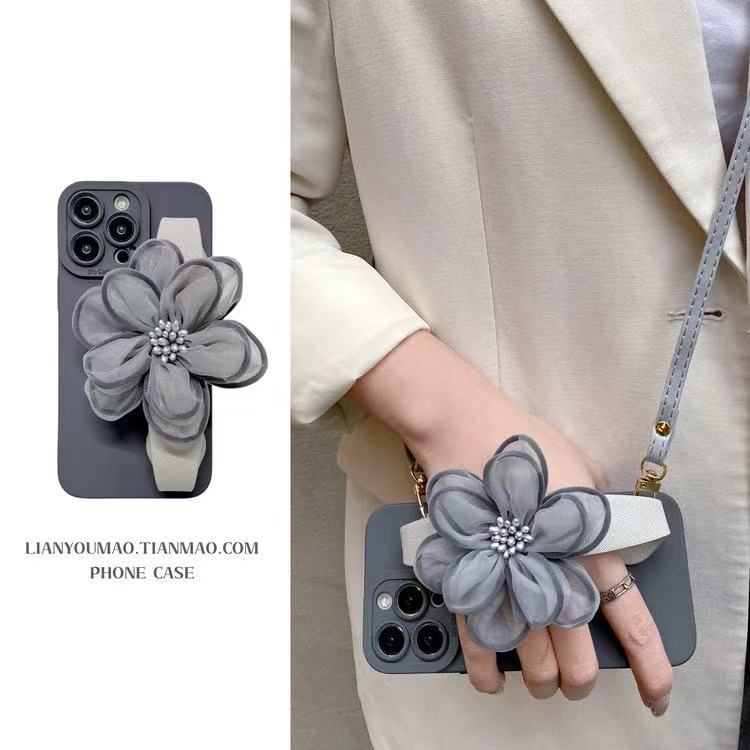 Pulsera de flor de gasa gris de viento frío para estuche para teléfono móvil 16ProMax iphone14 Apple 15 diagonal 13 premium