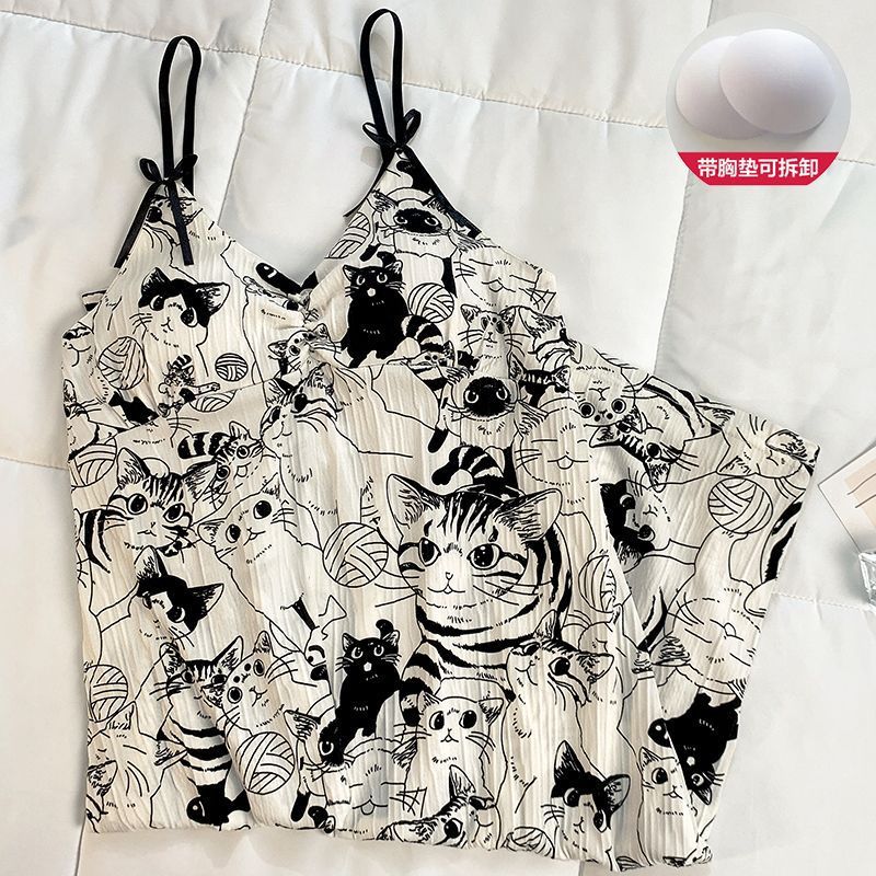 Pijamas transfronterizos mujer verano imitación algodón arrugado tela 150g con almohadilla para el pecho desmontable casual dulce y lindo vestido de longitud media