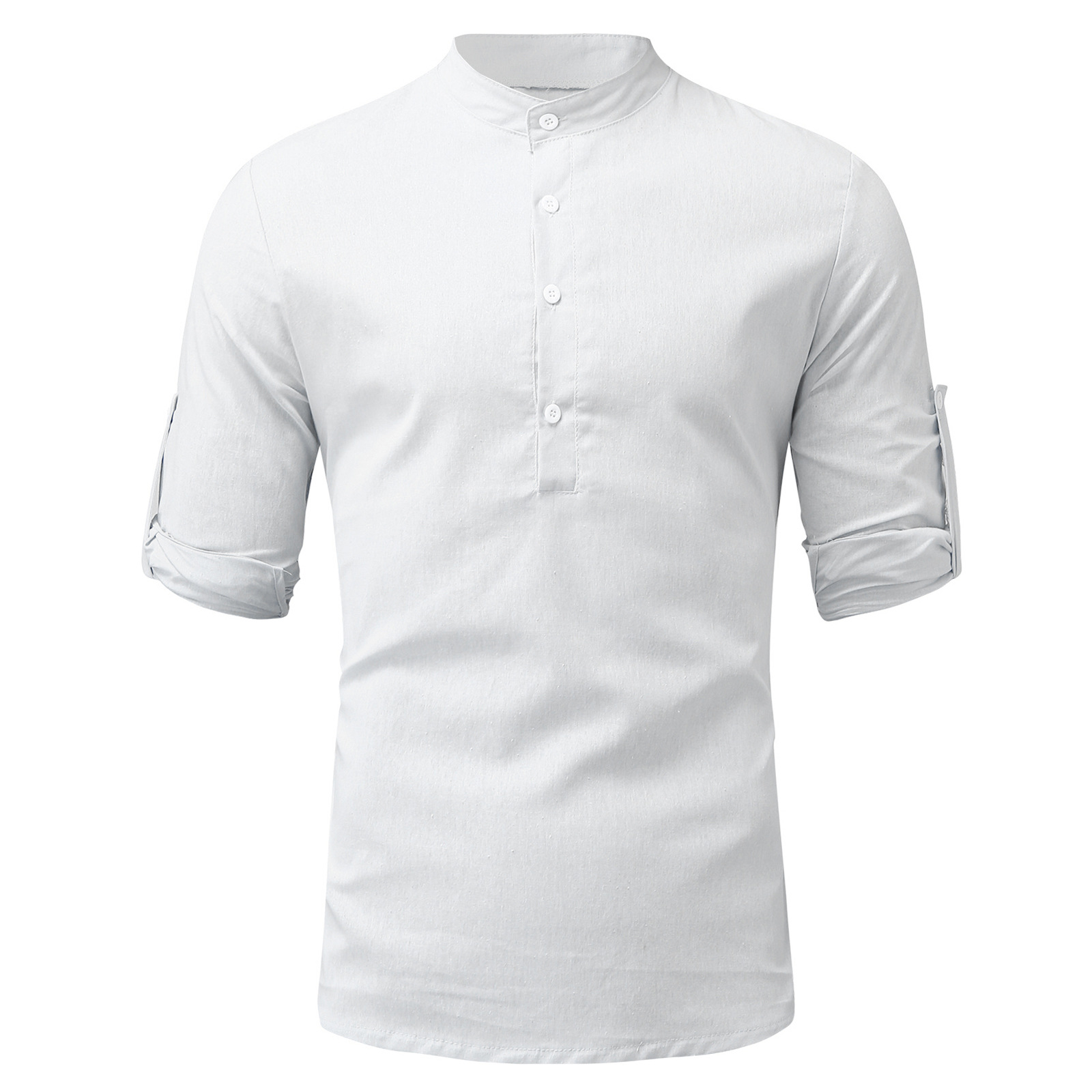2025 Independent Station Amazon Men's Casual Cotton and Linen Pure Color Long-Sleeved Shirt Loose Stand-Up Collar Shirt Men's Trendy Spot