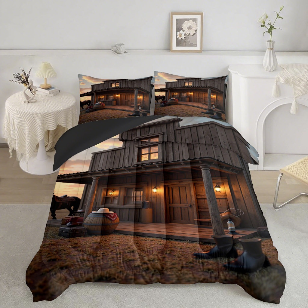 TEMU / JIT transfronterizo cálida casa de madera 3D impresión digital 180gms colcha colcha almohada conjunto de dibujo se puede ajustar