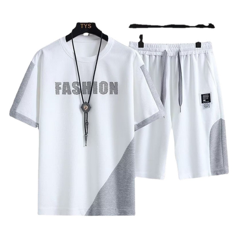Camisa de manga corta ropa traje de los hombres de verano nuevo simple casual deportes sueltos waffle juego conjunto