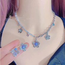 紫色水晶珠子花朵银针耳环 锆石金属混搭撞色项链套装 高级感设计