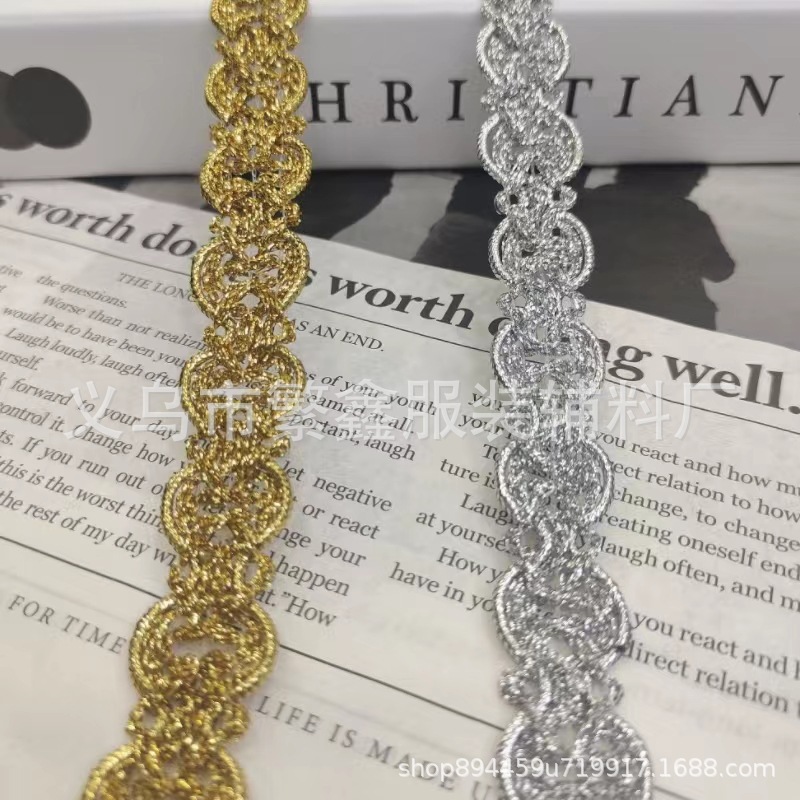 Suministro directo de fábrica de nuevo estilo de encaje de seda de oro y plata, encaje ondulado, cinturón de estilo étnico, accesorios de vestir en stock