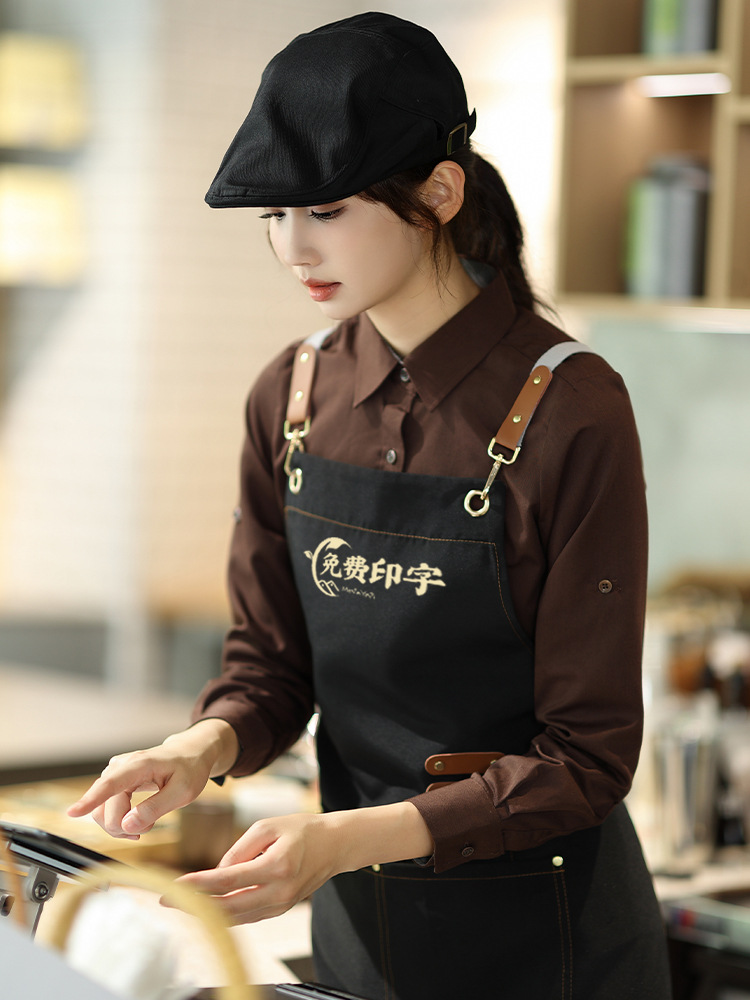 Shirt Custom Waiter Work Clothes Long-Sleeved Women's Catering Milk Tea Bakery Shop Barista Autum Work Clothes Embroidered Logo