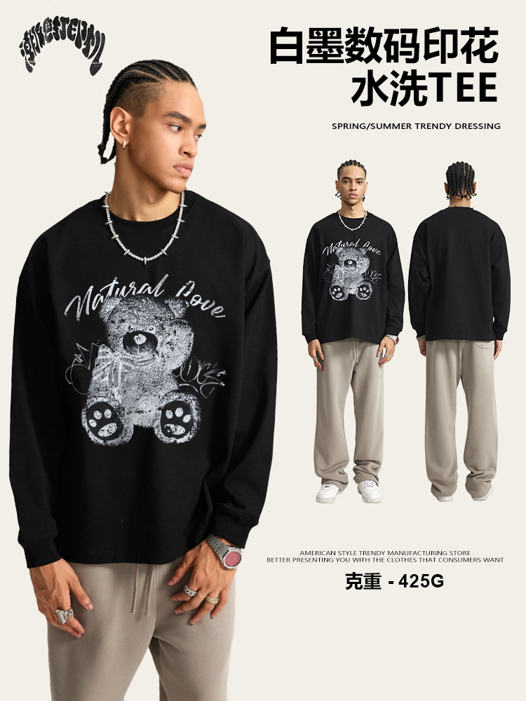 2025 otoño marca de moda americana delgada neutra impresión de rayos X impresión de oso lavado camiseta de manga larga hombre
