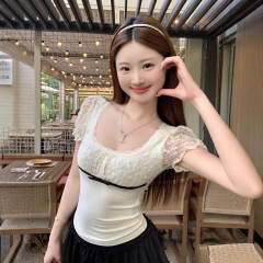 優しく甘いスタイルのレースステッチパフスリーブTシャツレディース夏新作シックな年齢軽減スリムフィットトップ