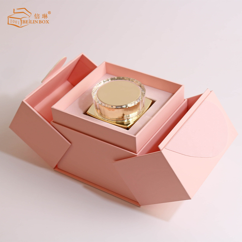Día de San Valentín de alta gama, caja de embalaje de aceite esencial de fragancia, elevación de doble puerta, caja de regalo de perfume cosmético personalizada