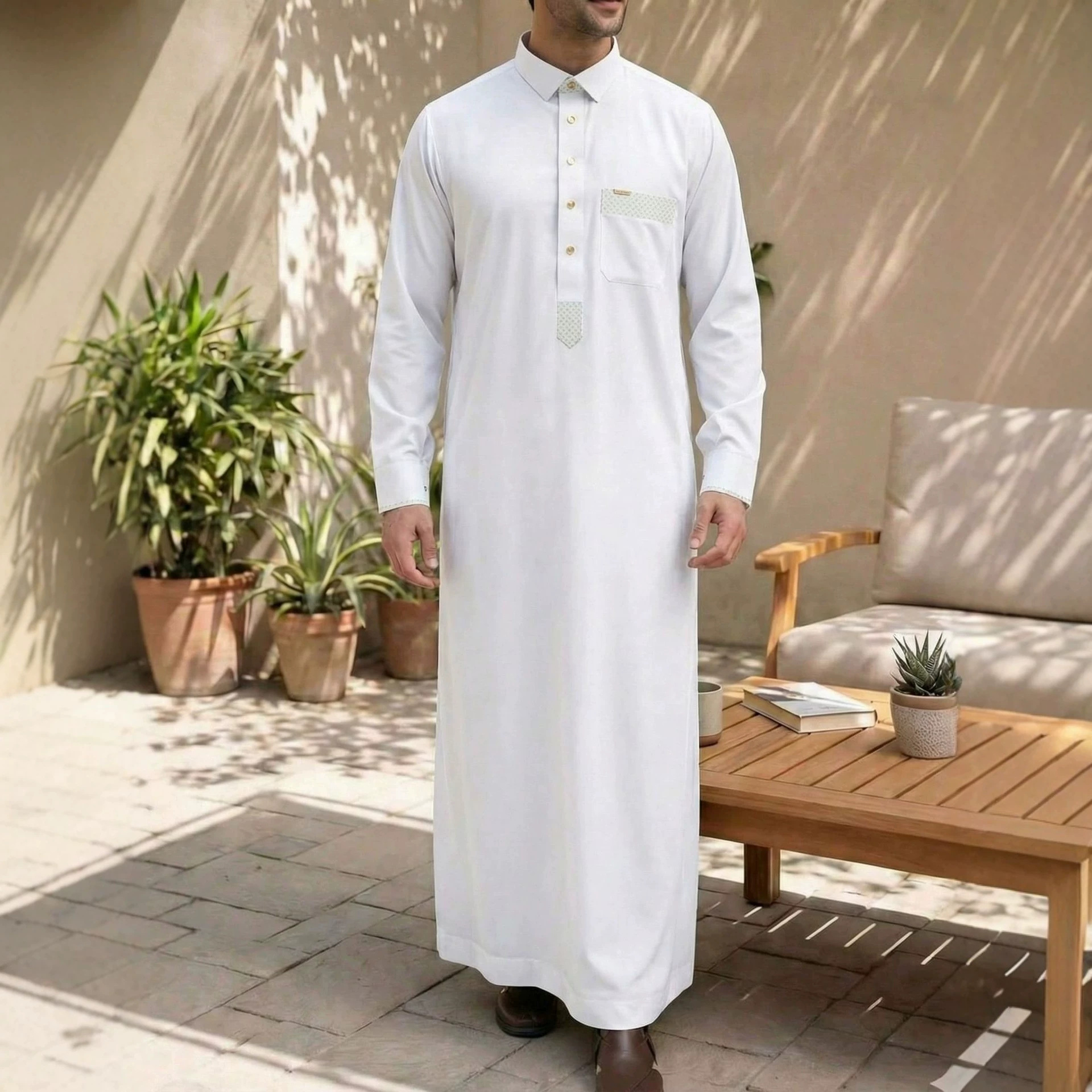 Foreign trade polyester-cotton men's stand-collar long coat, solid color stand-collar half-button robe with pockets, loose-fitting large robe, cross-border dropshipping