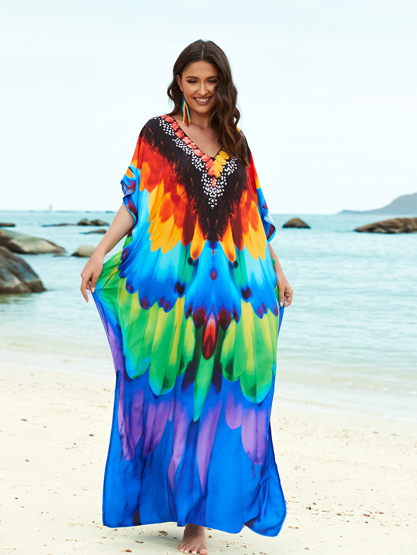 Rochie de plajă lungă kimono dama boho viscoză tie-dye_voghion.com