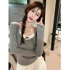 螺纹德绒长袖T恤女秋冬夏季修身加厚打底衫蝴蝶结保暖上衣外穿ins