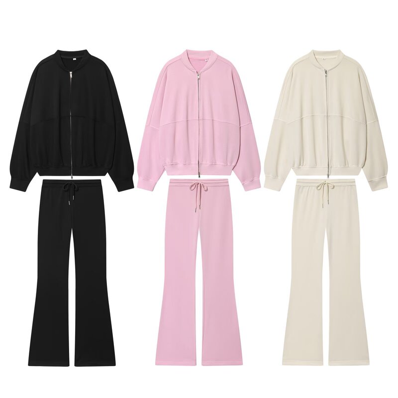 2025 New Autum European and American Style Loose Round Neck Bomber Jacket + Sports High Waist Bell Bottoms Suit